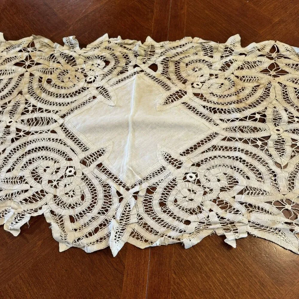 Antique Table Runner Dresser Scarf Battenburg Lace With Stains 54” By 16”